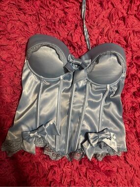 Windsor Satin Bow-Trim Bustier Top in Steel Blue